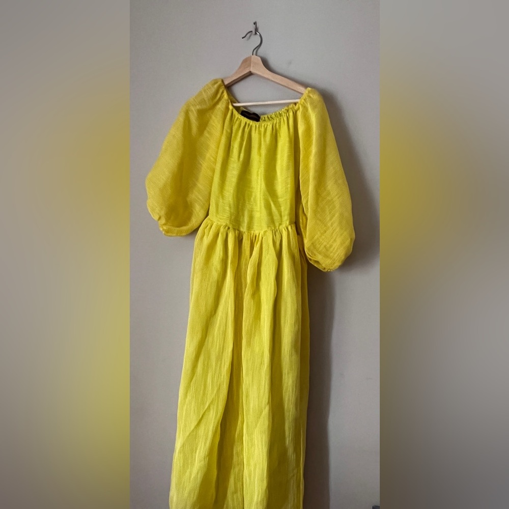 Beautiful Ulyana Sergeenko lime yellow midi dress with puff sleeves belt - small